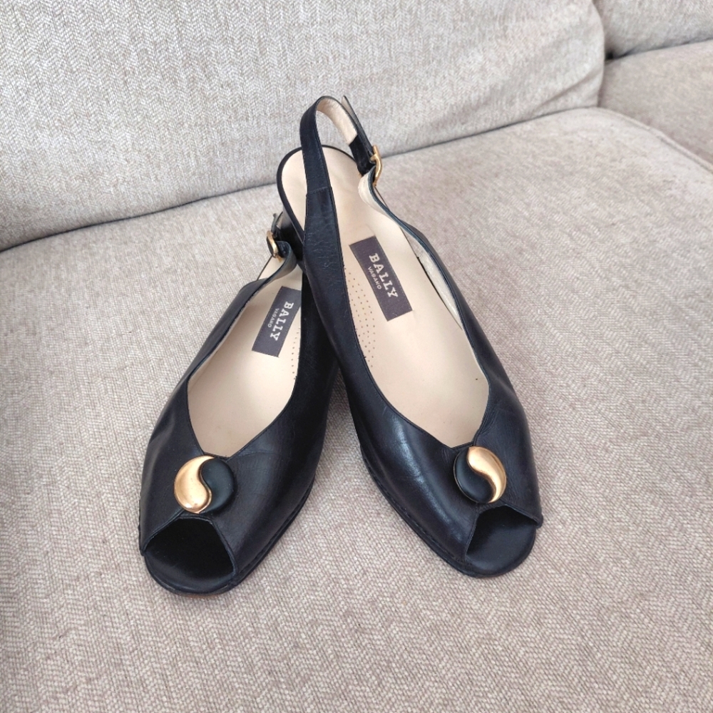 Bally Black and Gold Flats with Slingback Design